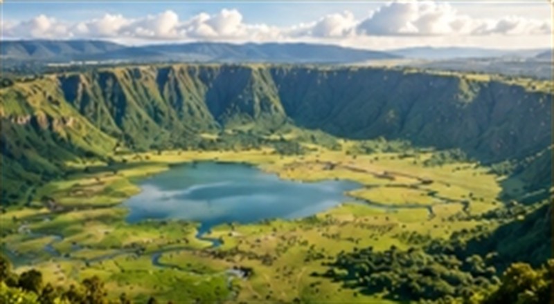 Wide green crater landscape with a lake