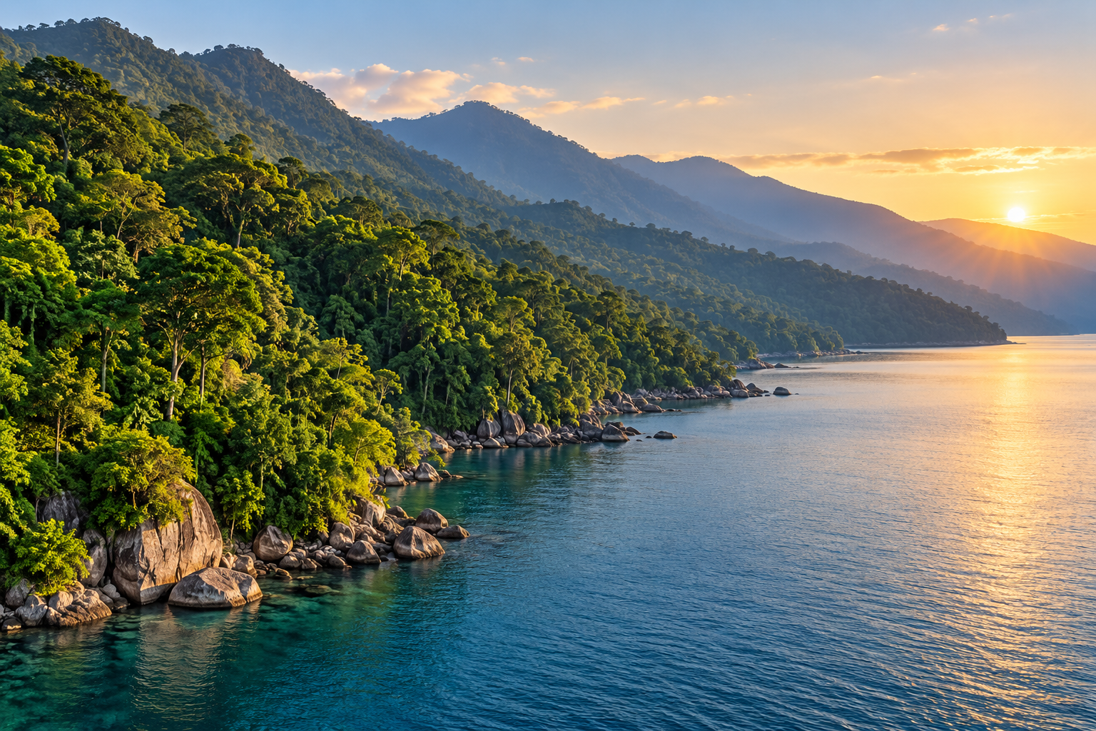 Forested hills meeting the blue waters of Lake Tanganyika