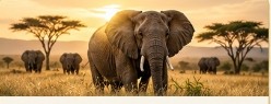 Elephants among acacia trees in golden light