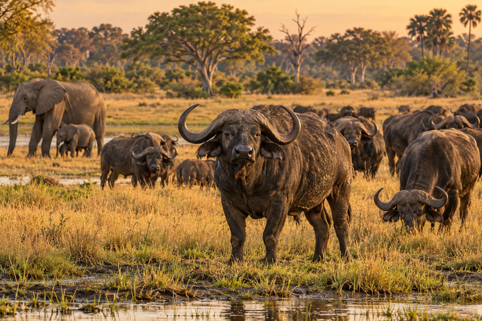 African buffalo in golden grass with a herd behind