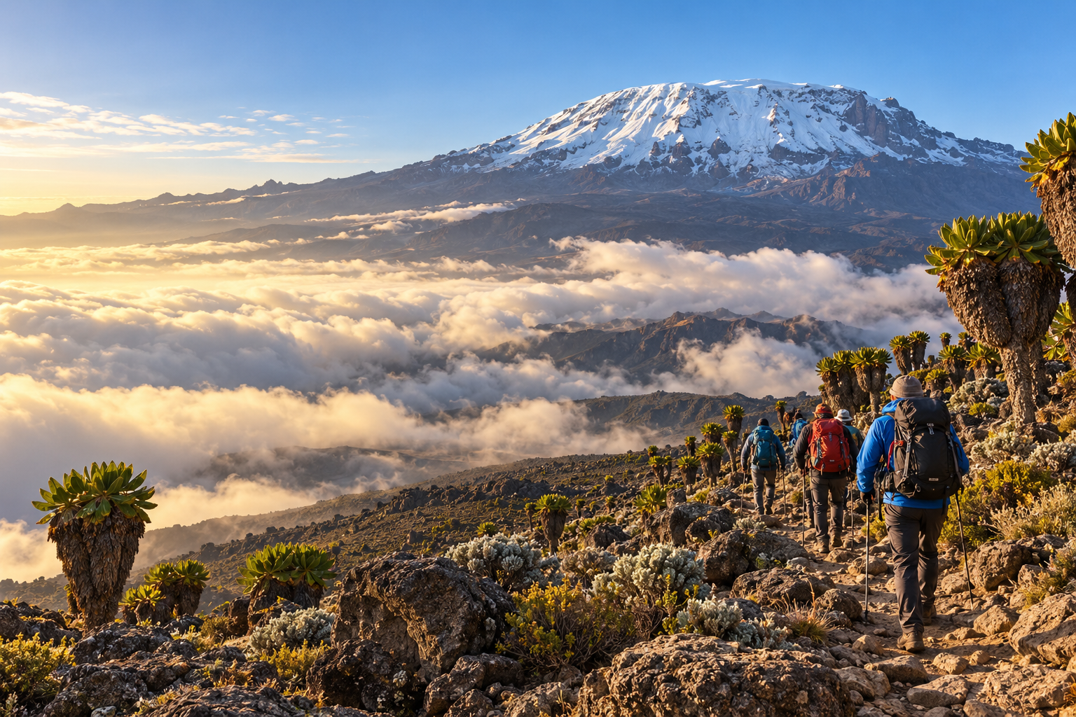 Trekkers beneath Mount Kilimanjaro's snow-covered summit