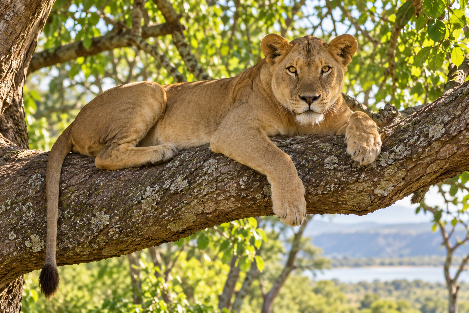 Lioness resting along a broad tree branch in leafy woodland
