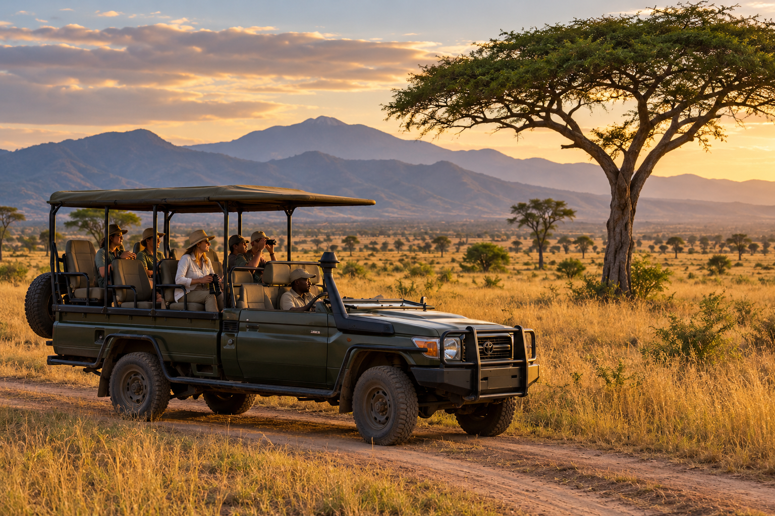 Open safari vehicle in golden grassland