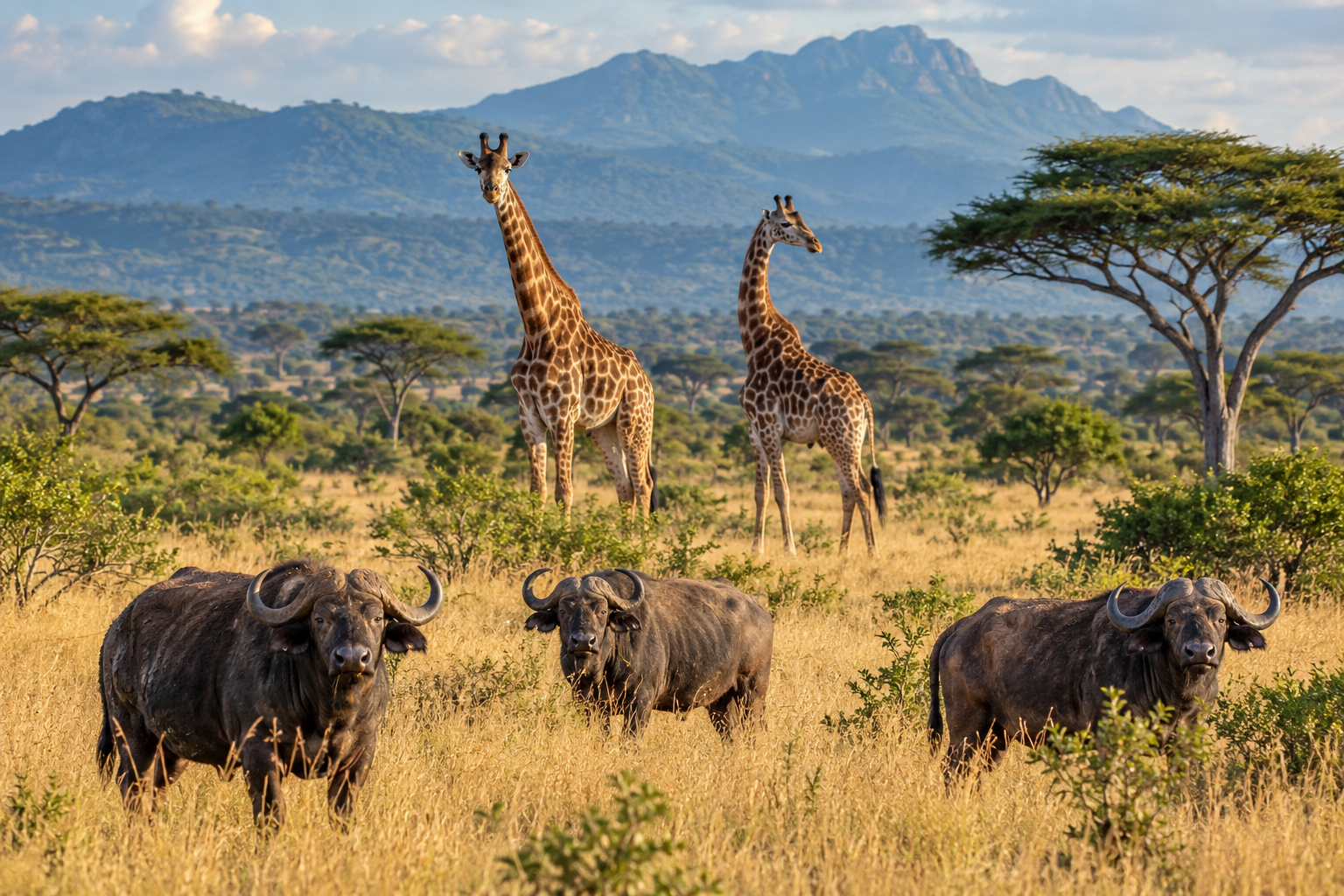 Giraffes and buffalo across golden Mikumi grassland