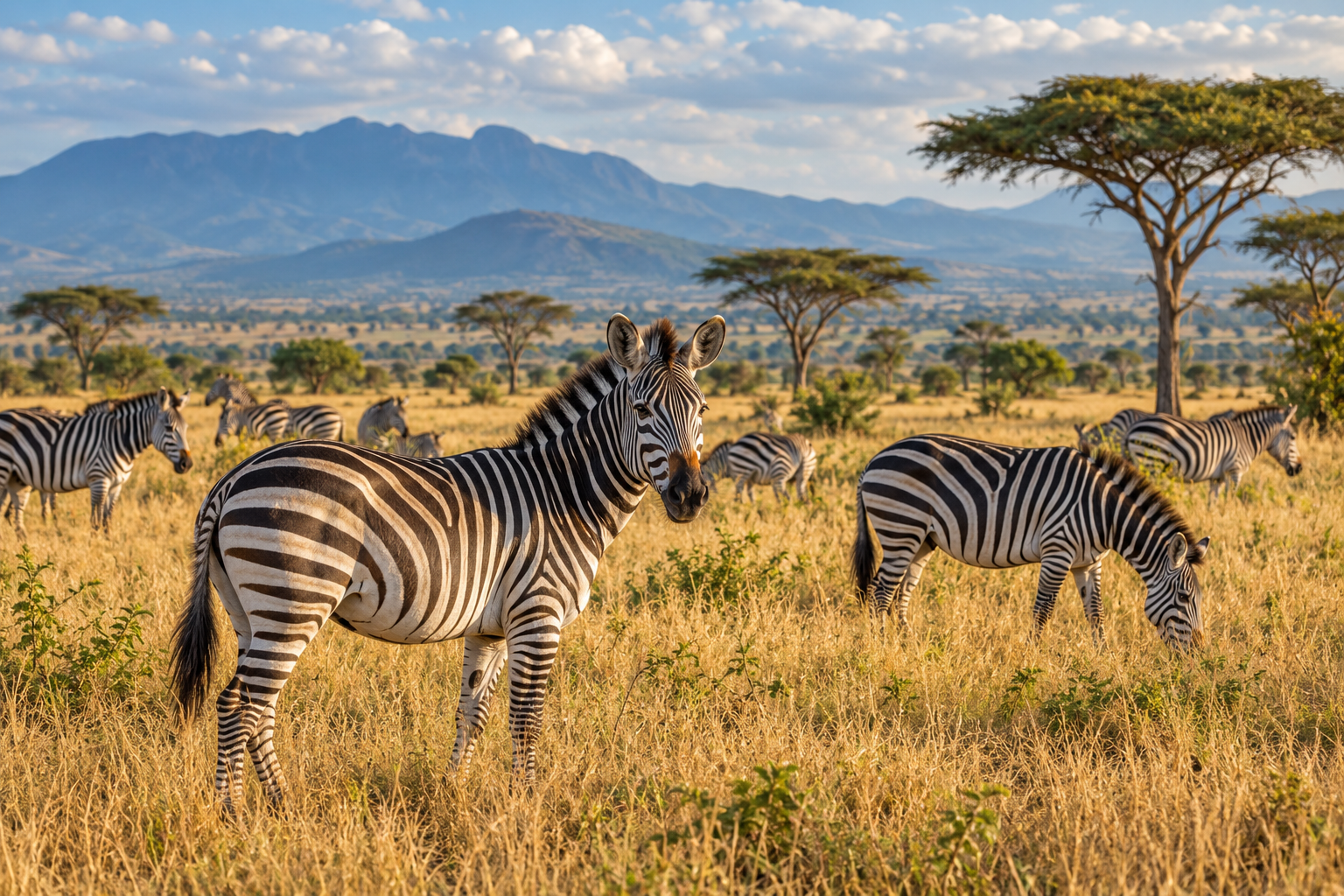 Zebra herd standing in open grassland with mountains behind