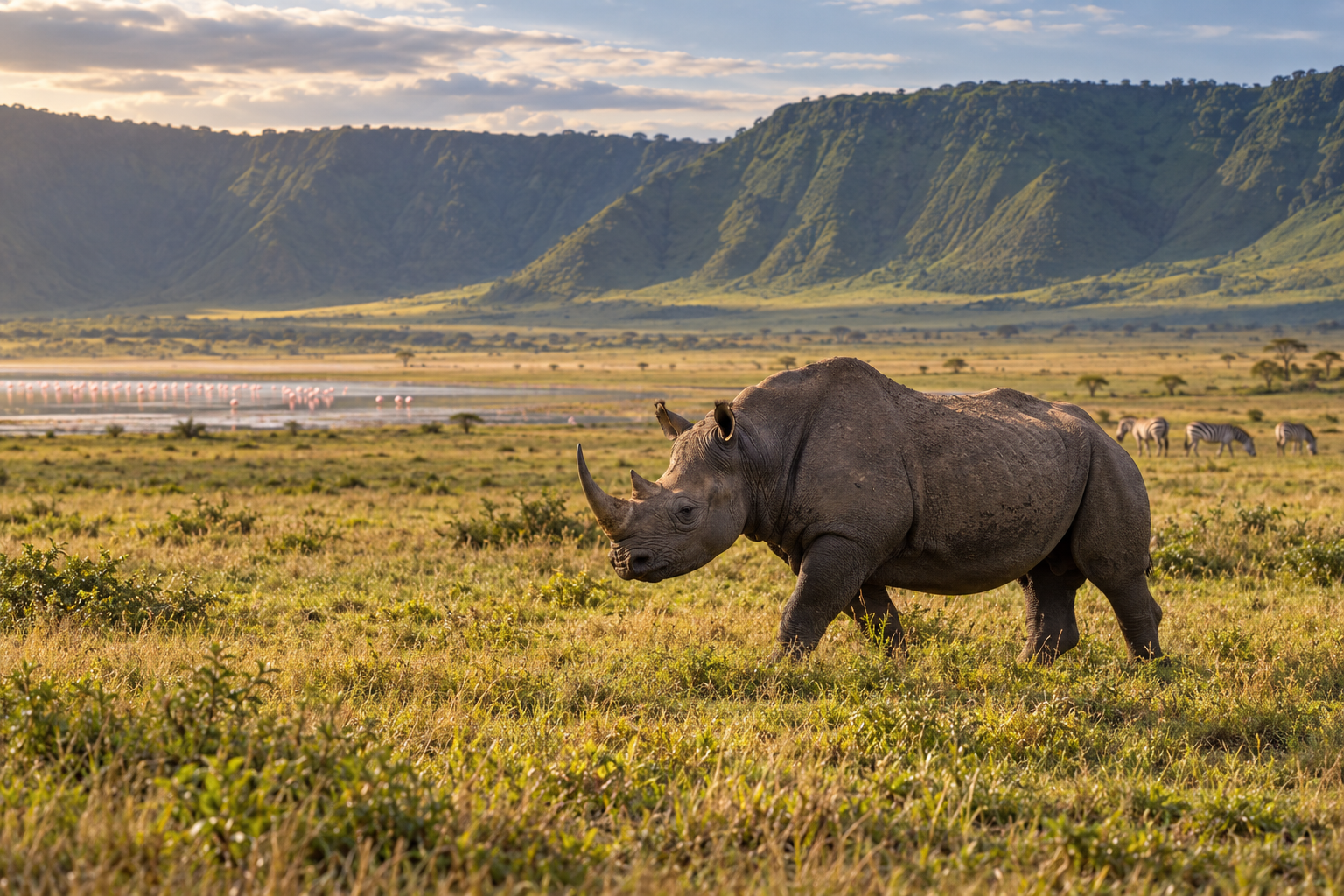 Black rhinoceros walking across grassland beneath the crater walls