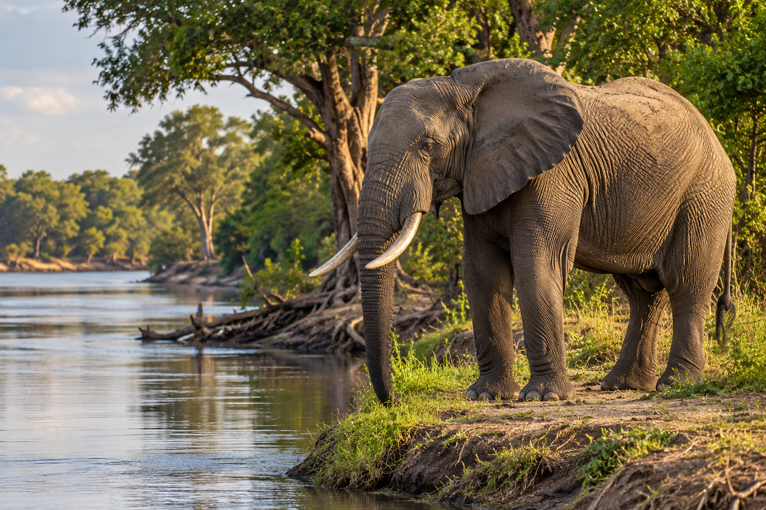 African elephant standing beside the Rufiji River and green woodland