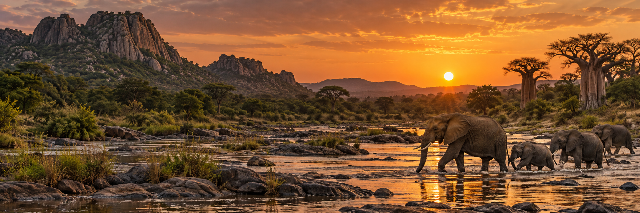 Elephants crossing the rocky Great Ruaha River at sunset