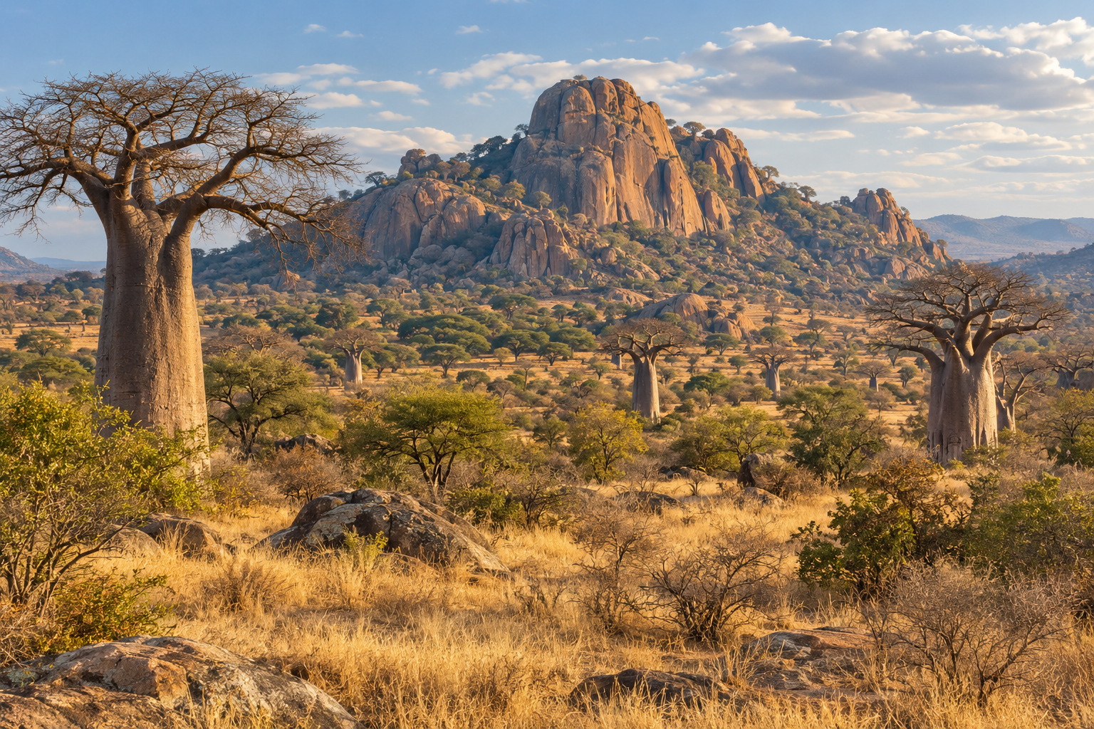 Rugged granite outcrop above baobab-dotted woodland