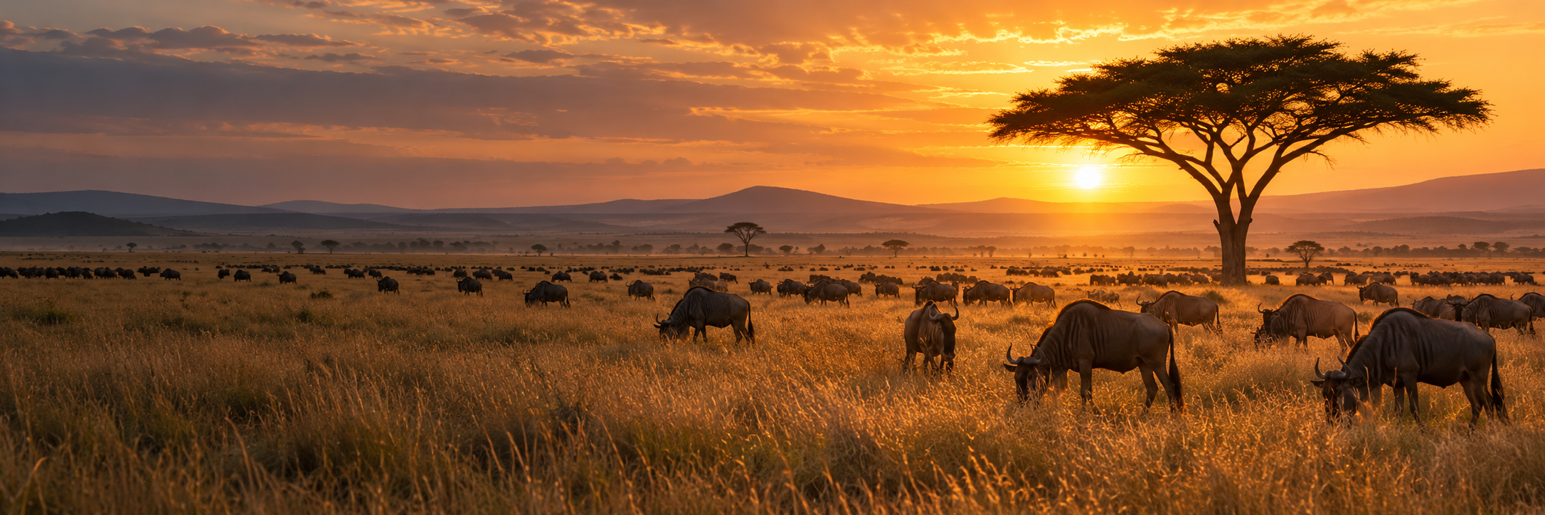 Large wildebeest herds across golden Serengeti plains