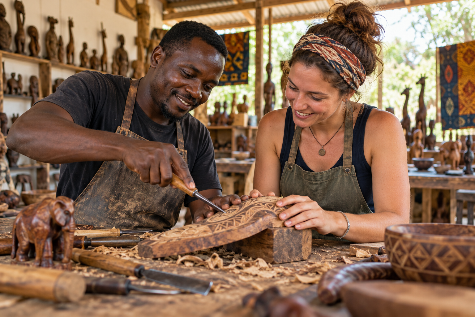 Local artisan sharing workshop skills with a volunteer