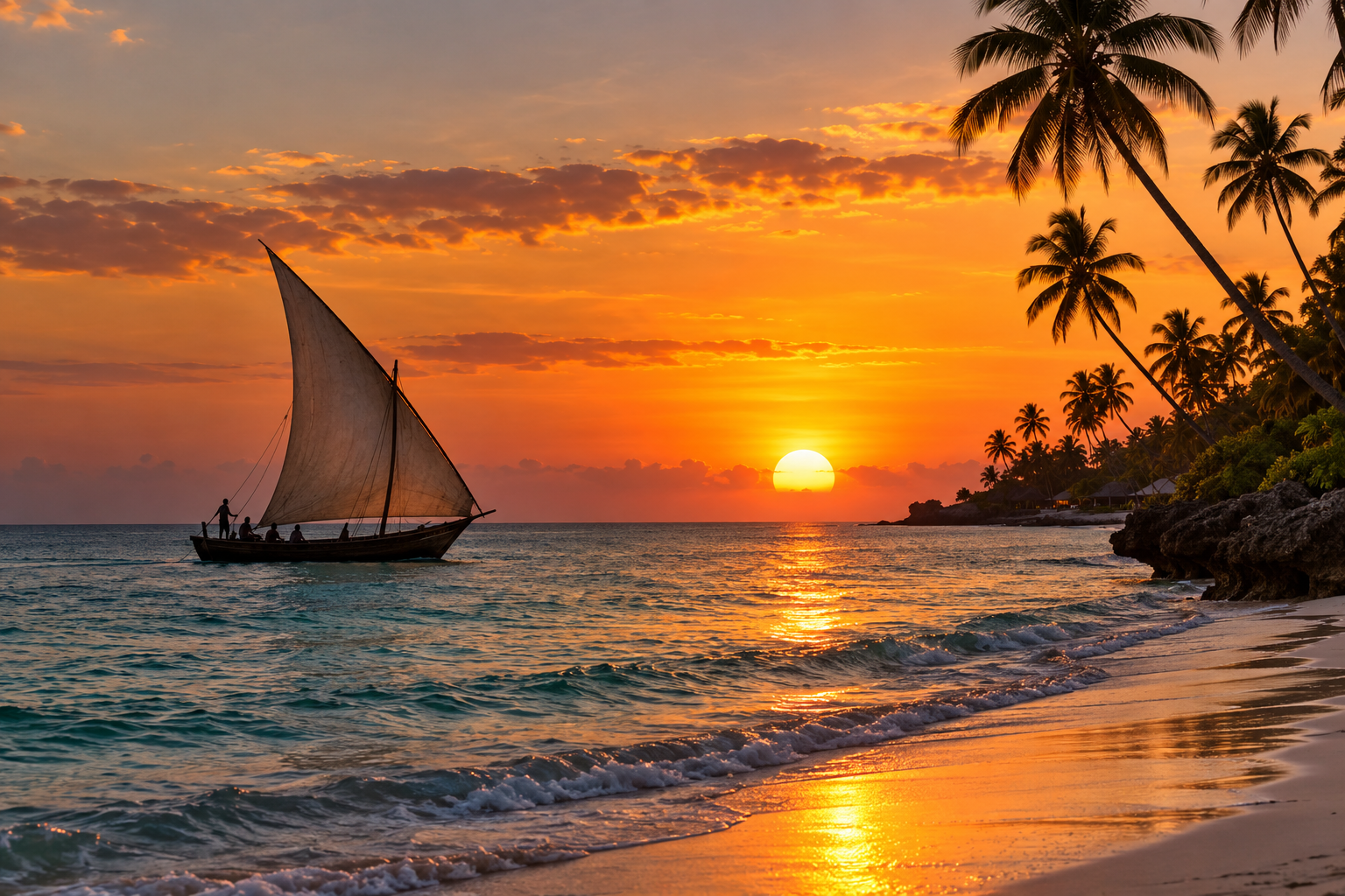 Traditional dhow sailing in golden sunset light