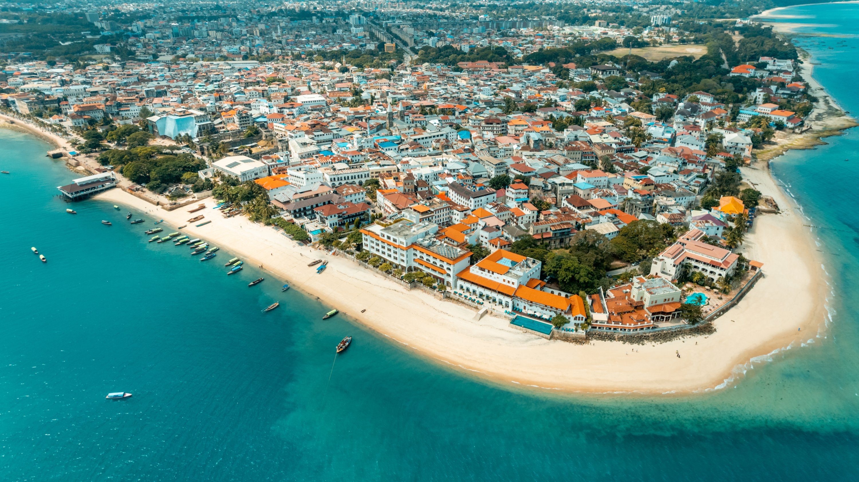 Aerial view of Stone Town waterfront and historic buildings